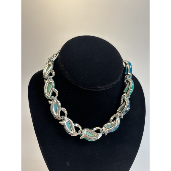 Vintage Necklace Lucite Choker Aquamarine Blue Beads Silver Tone Gorgeous - Picture 5 of 8